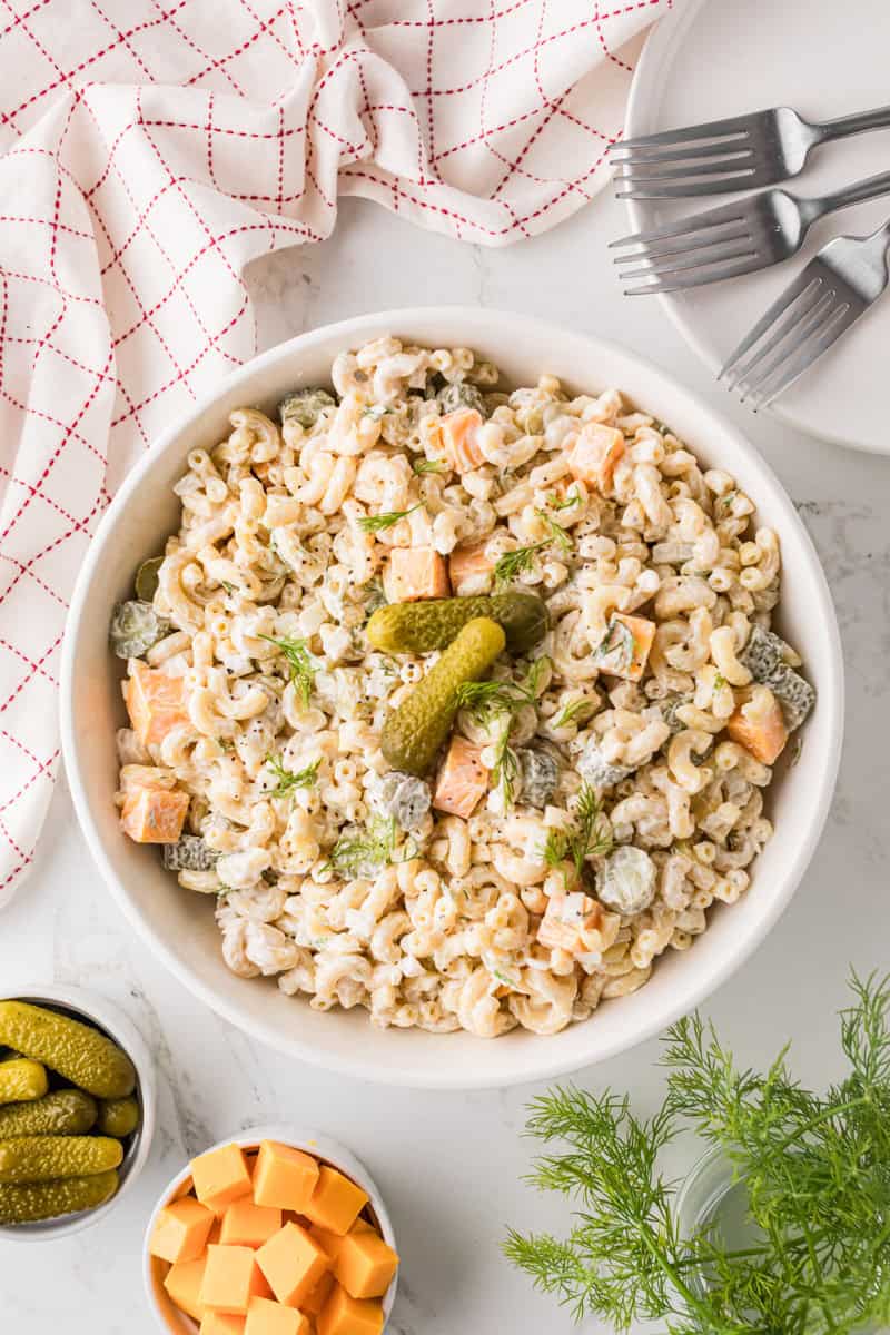 top-down view of the Pickle Pasta Salad.