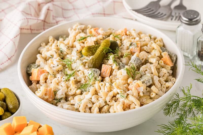 large bowl of the Pickle Pasta Salad.