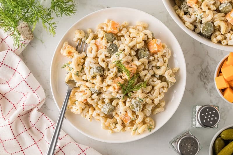 Pickle Pasta Salad served on a white plate.