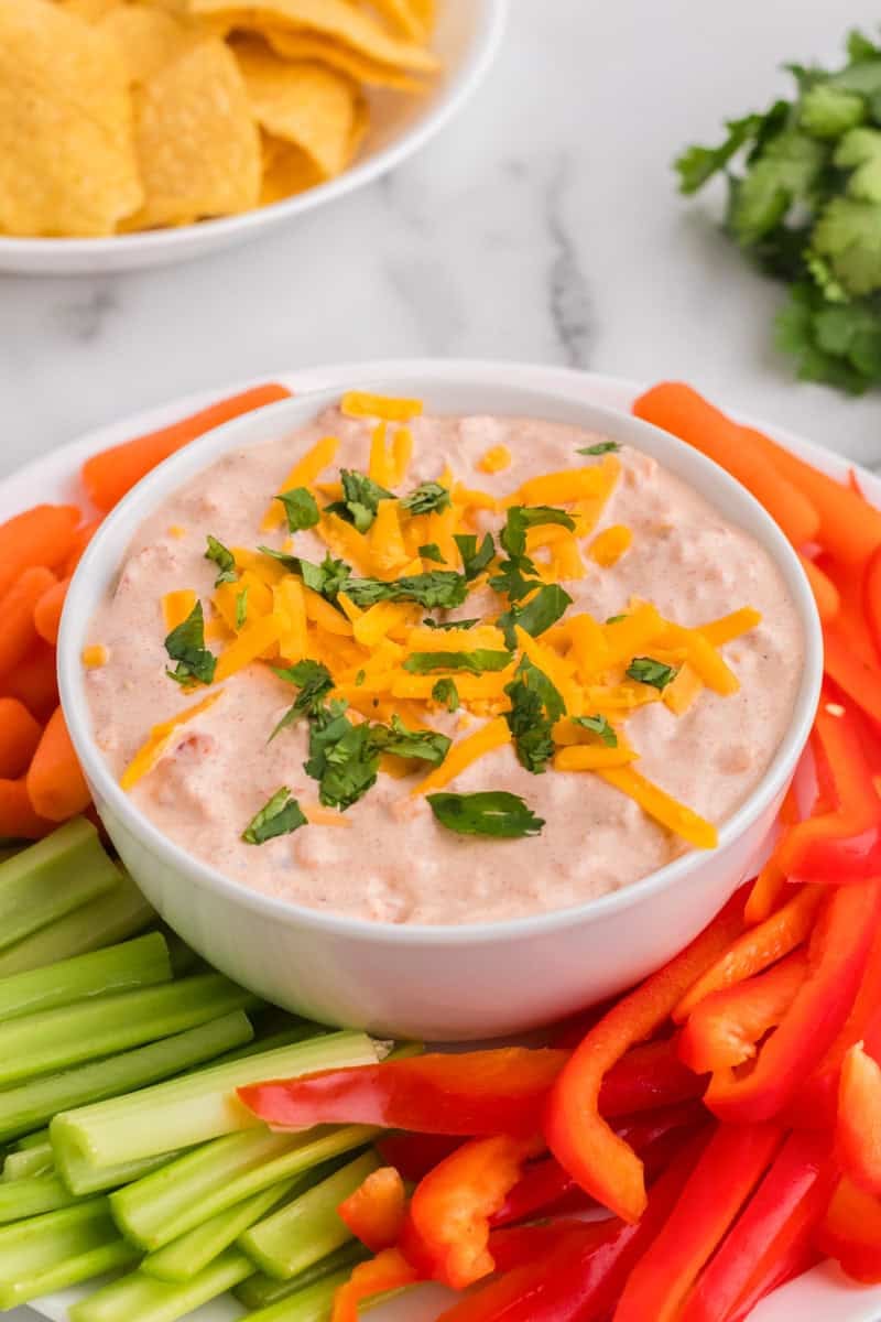 Fiesta taco Dip served in a white bowl with veggies.