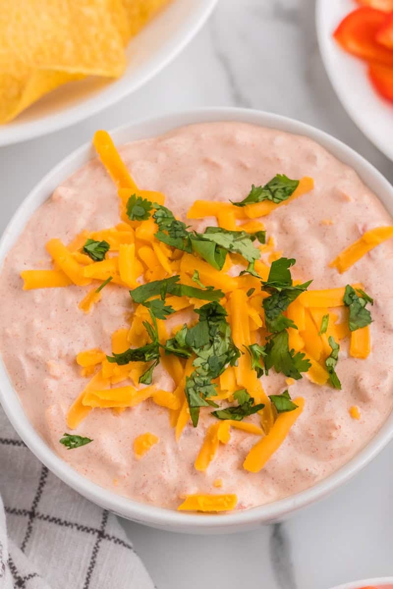 closeup of the Fiesta Taco Dip served in a white bowl.