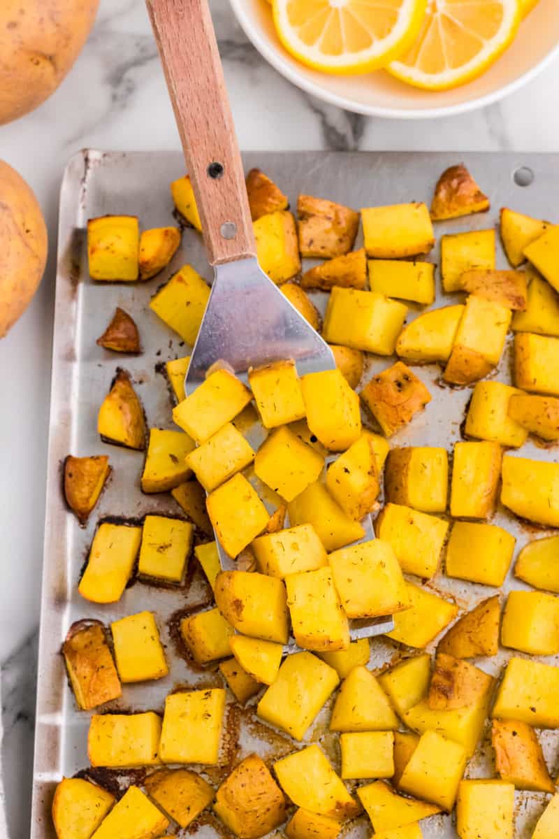 Lemon herb Roasted Potatoes on a baking sheet.