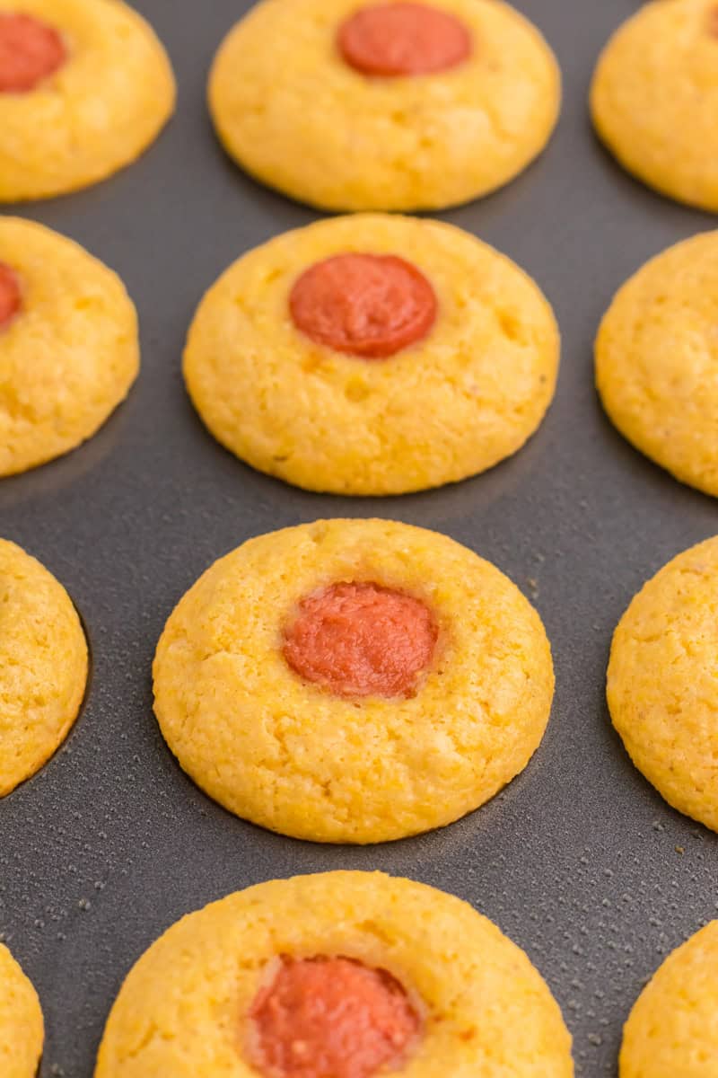 closeup of the baked Muffin Tin Corn Dogs.
