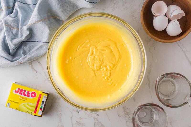 Cake Batter mixed together in a large glass bowl.