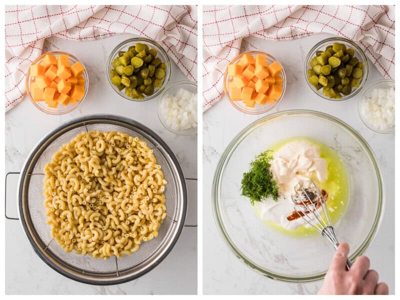 noodles in a colander and mixing together the dressing.
