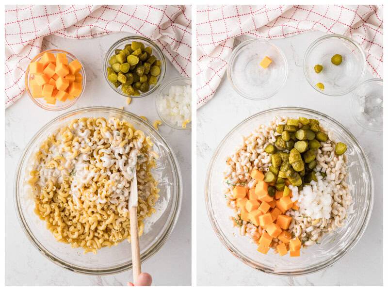 mixing together the dressing with the noodles and then adding pickles and cheese.