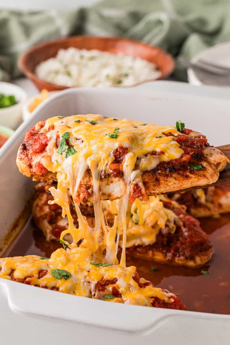 serving the salsa chicken out of the baking dish.