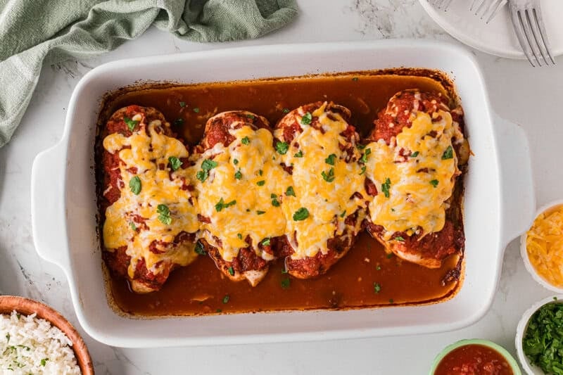 top-down view of the Salsa Chicken in a white baking dish.