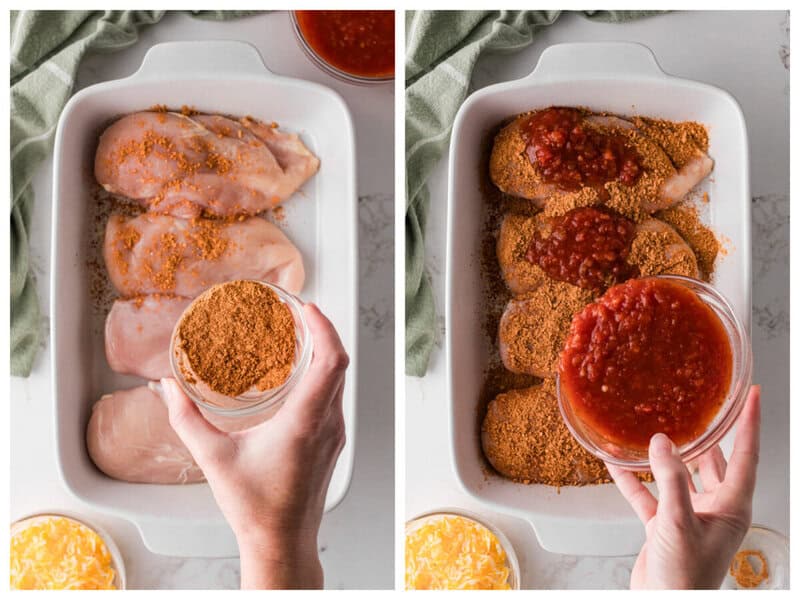 seasoning the chicken with the taco seasoning and salsa.