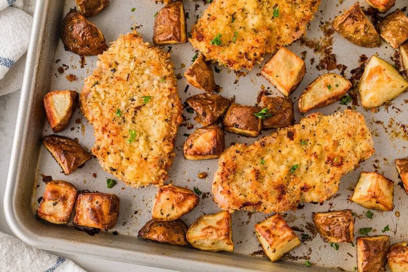closeup of the baked pork chops and potatoes.