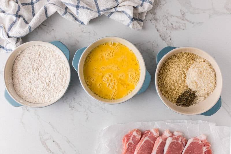 egg wash, flour and spices for the pork chops.