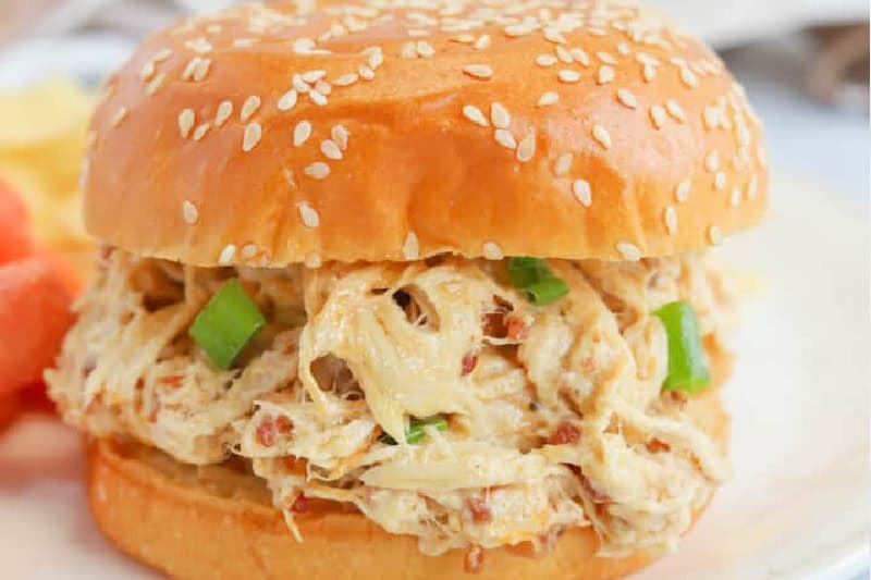 closeup of the Slow Cooker Crack Chicken Sandwich.