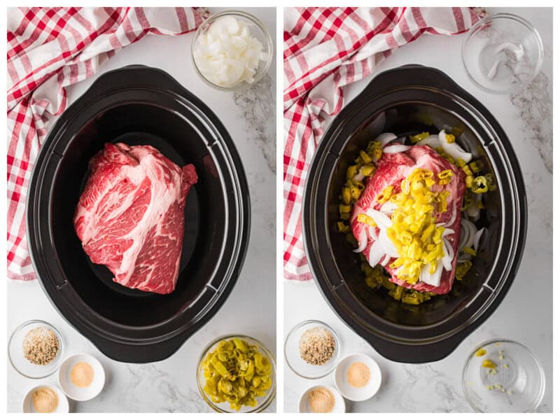 adding the roast, onions and pepperoncini to the slow cooker.
