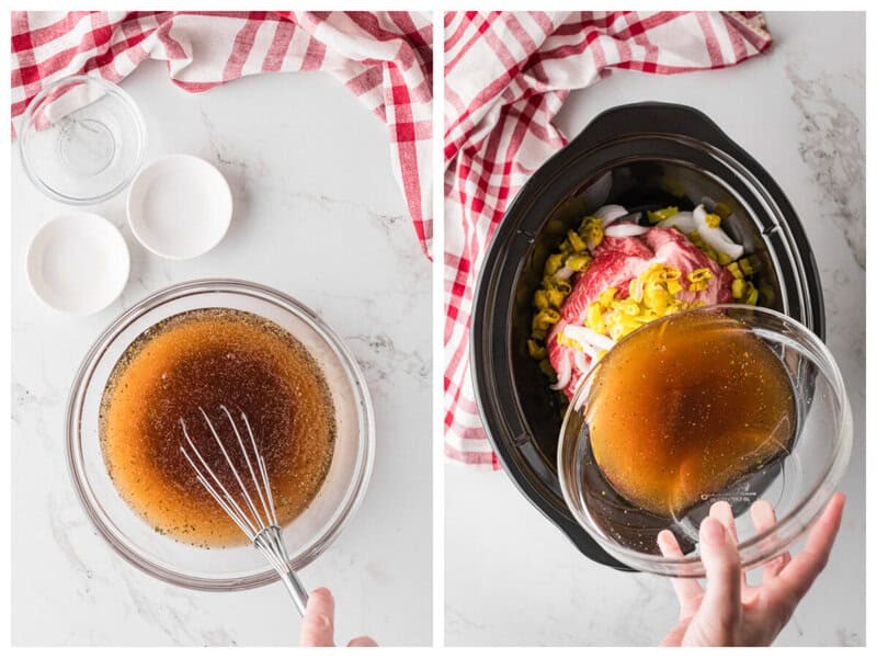 mixing together the broth and pouring it over the roast.