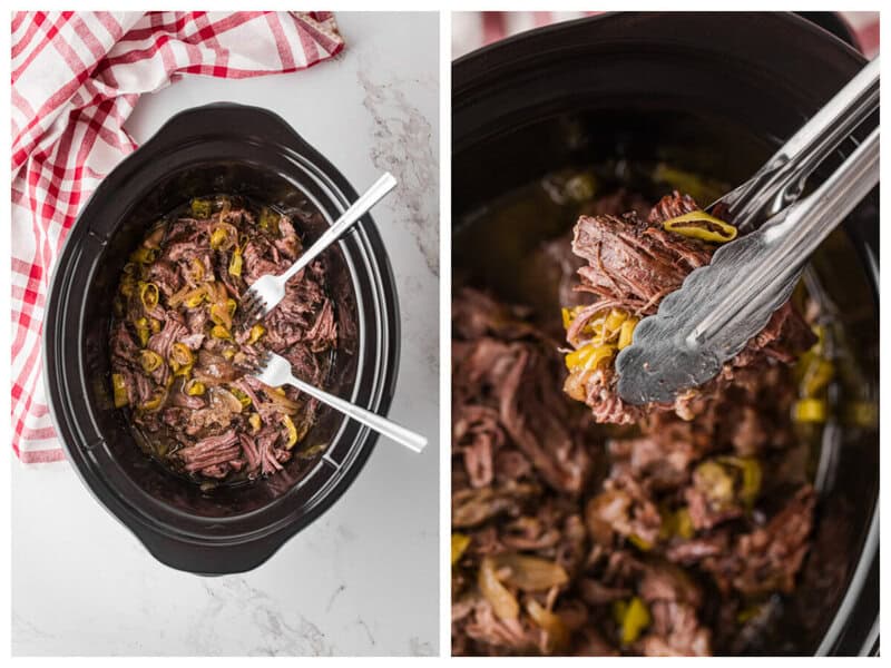 shredding the beef in the slow cooker.