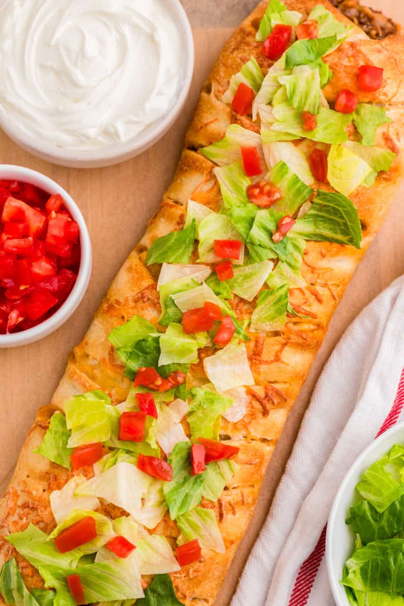 closeup of the Taco Braid served on wooden board.