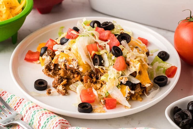 Taco Casserole served on a white plate.