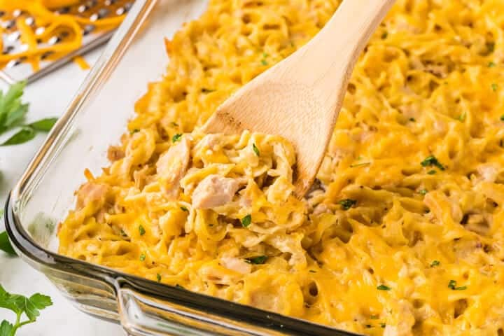 closeup of the Tuna Casserole being served out of the baking dish.