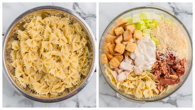 bow tie pasta in colander and all ingredients for the salad in a large glass bowl.