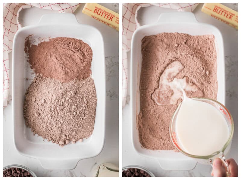 mixing together the pudding, cake mix and milk in the baking dish.