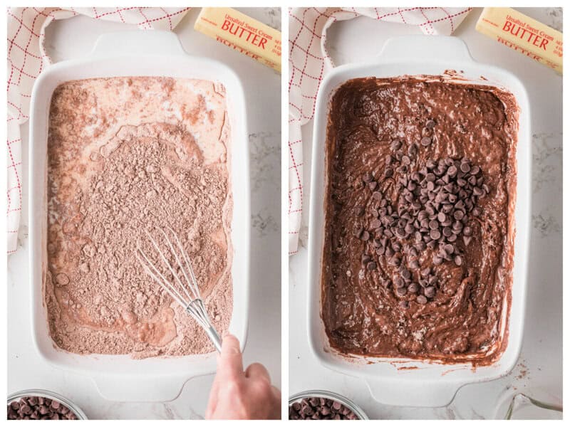 whisking together the cake and pudding mixes and adding chocolate chips.