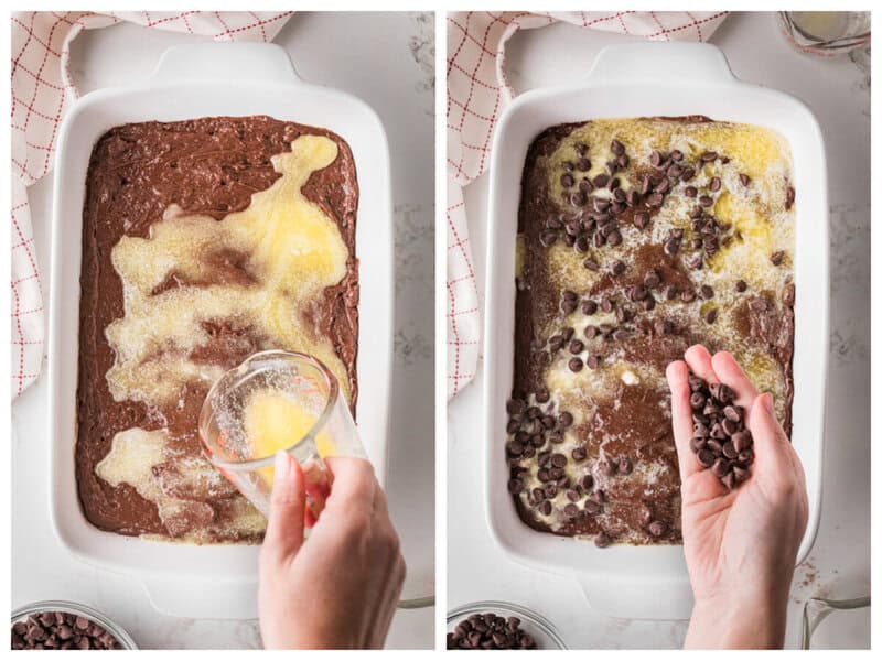 pouring the melted butter over the batter and adding more chocolate chips.