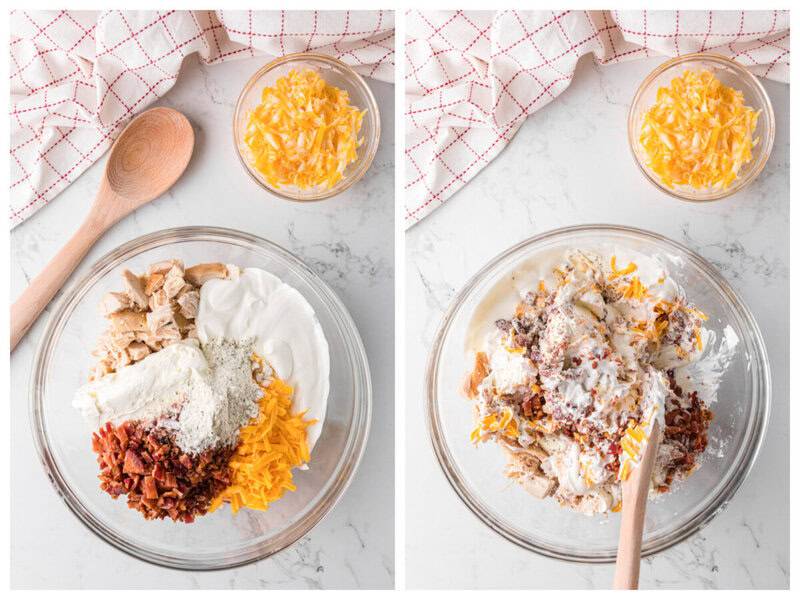 mixing together the ingredients for the Crack Chicken Dip.