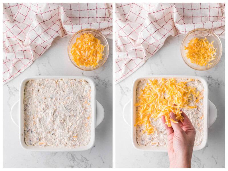 spreading the Crack Chicken Dip in a baking dish and topping with cheddar cheese.