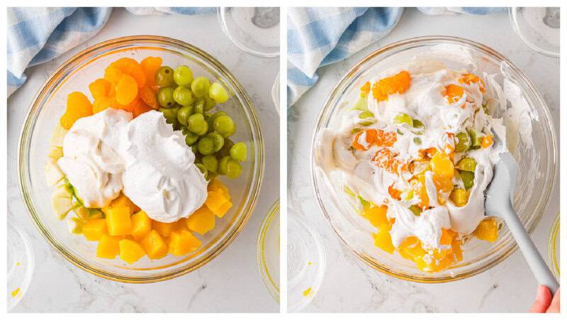 mixing the fruit with the whipped topping and yogurt.