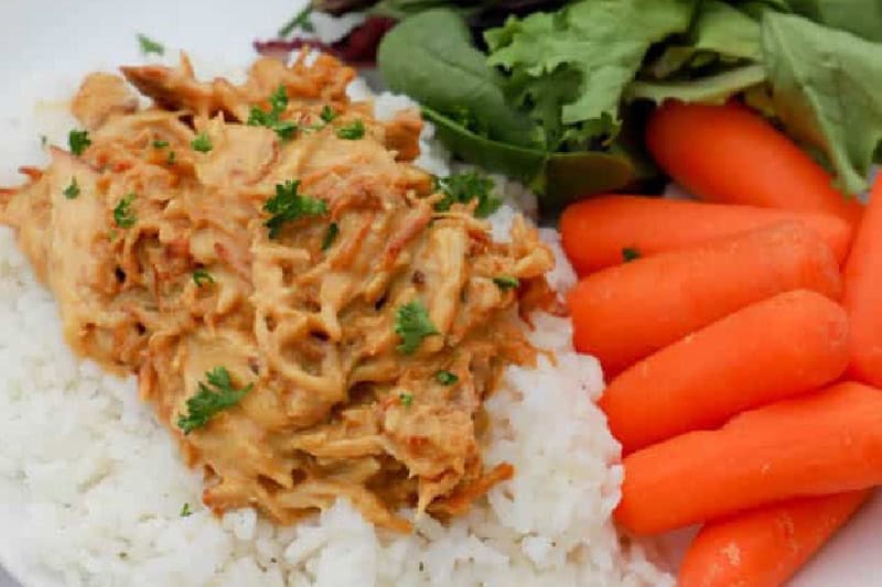 closeup of the Slow Cooker Honey mustard chicken served on rice.
