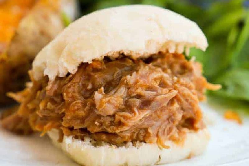 closeup of the Slow Cooker Pulled Pork Sliders.