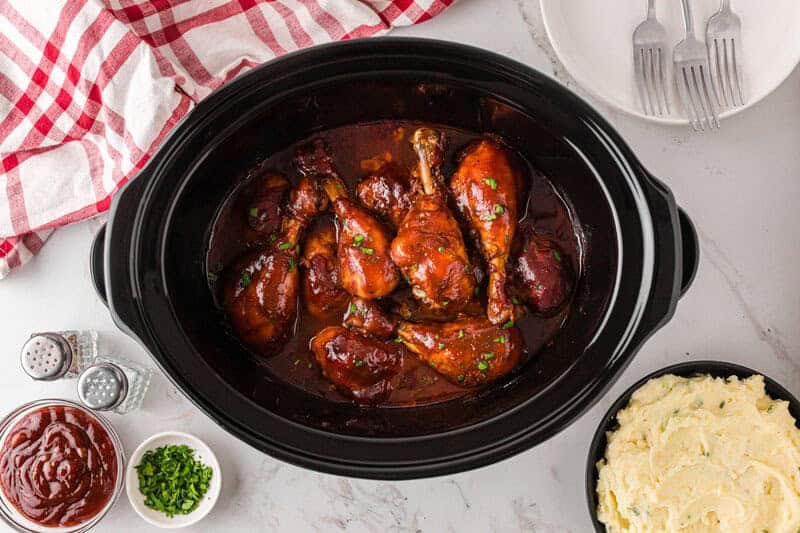 top-down view of the Slow Cooker BBQ Chicken Legs.