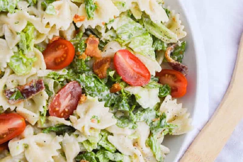 closeup of the BLT Pasta Salad.