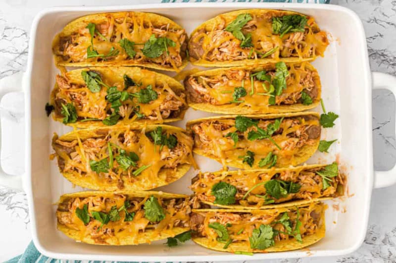 Top-down view of the Baked Chicken Tacos in the baking dish.