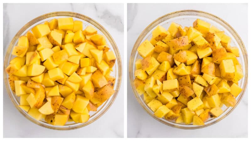 sliced potatoes in a glass bowl mixed with the oil and lemon juice.