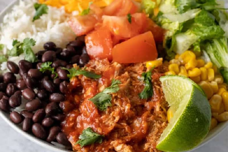 closeup of the Slow Cooker Shredded Chicken Taco Bowls.