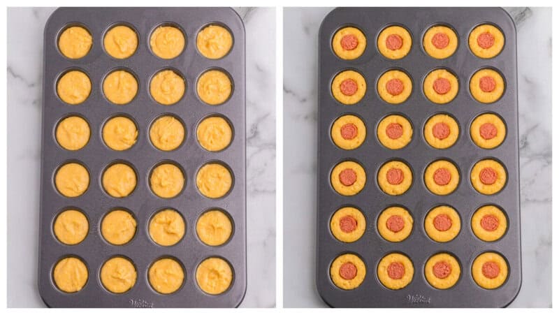 making the Corn Dogs in the muffin tin.