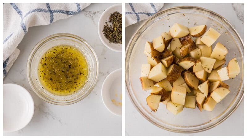 mixing together the oil and spices then covering the potatoes.
