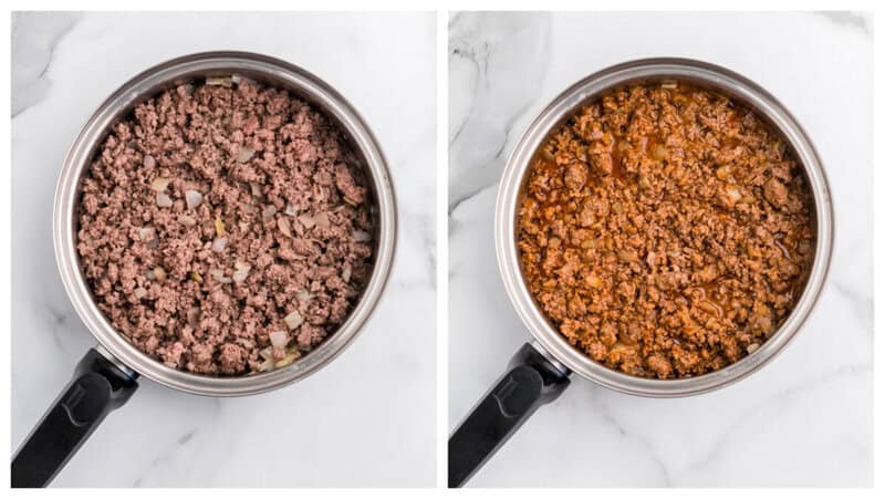 cooking the ground beef in a pan.