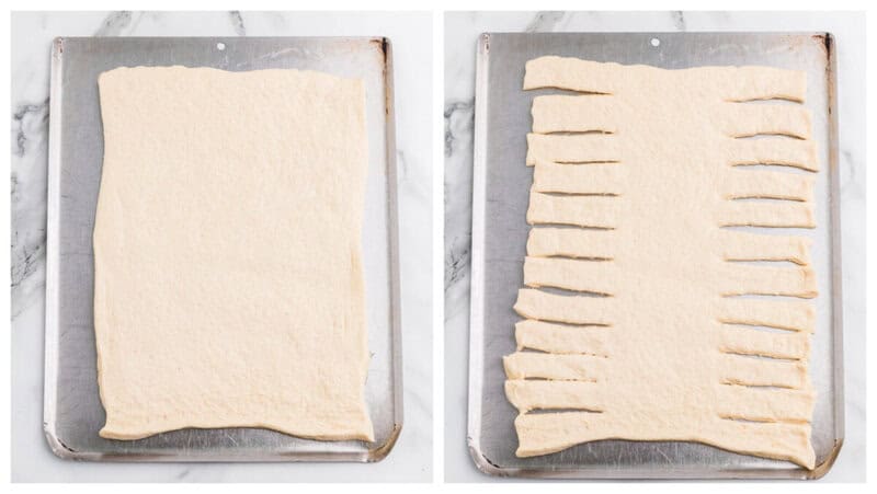 cutting the pizza dough into the strips to make the braid.
