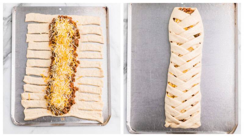 filling the center with the taco meat and cheese, then braiding the edges.