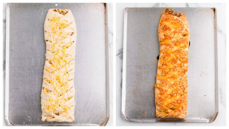 topping the braid with cheese and baking.