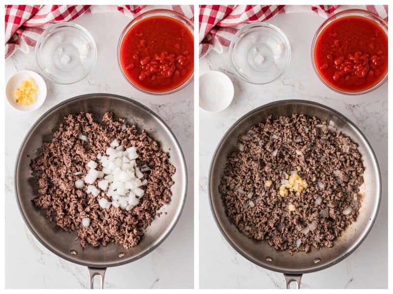 ground beef cooking in a pan with onions and garlic.