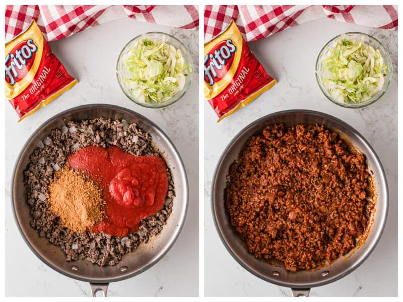 adding in the tomato sauce and taco seasoning to the ground beef.