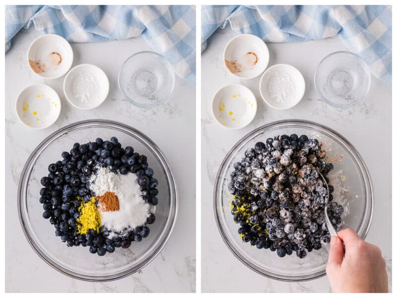 mixing the blueberries together with the sugar, lemon zest, cinnamon and corn starch.