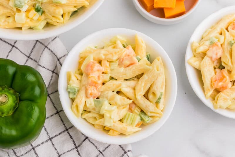 top-down view of the Classic Pasta Salad served in a white bowl.