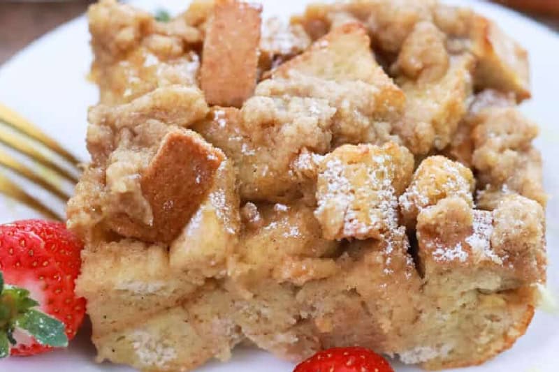 closeup of the French Toast Casserole served on a white plate.