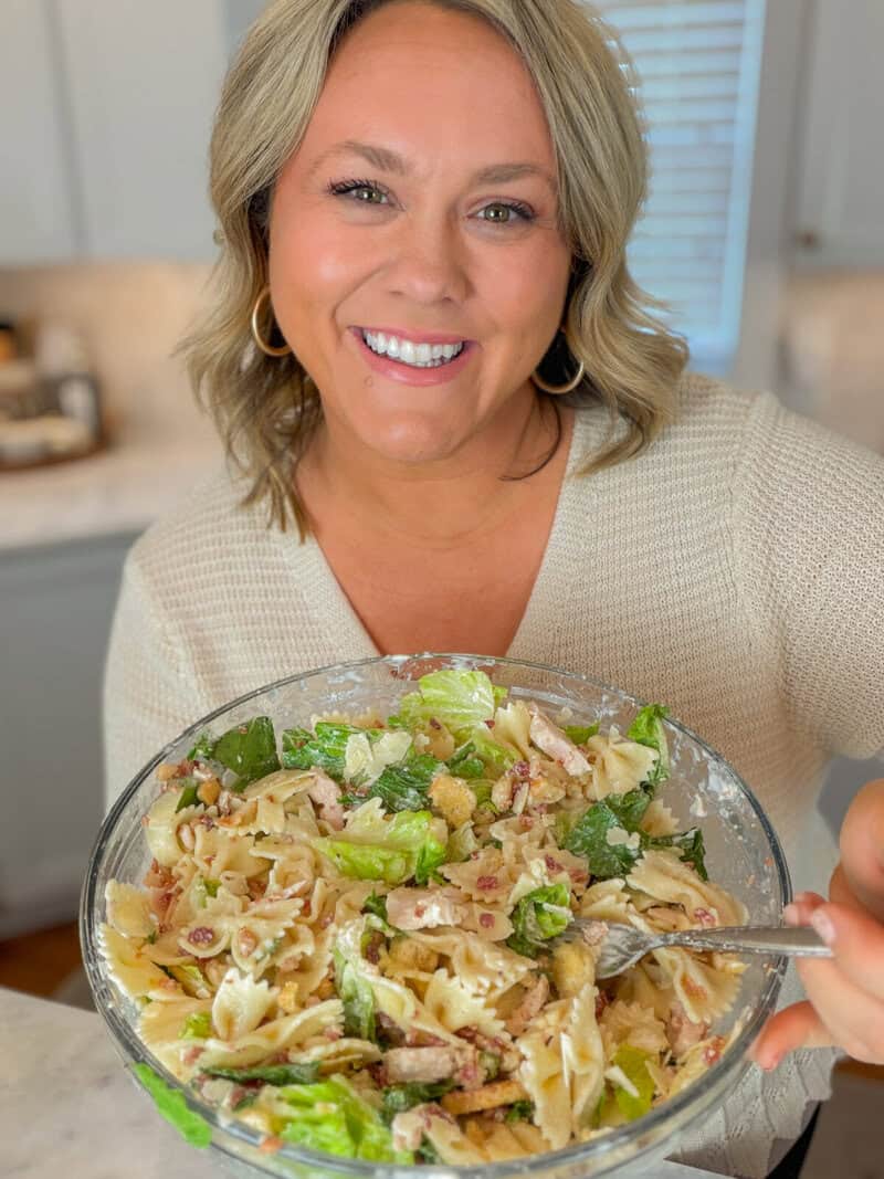 Jennie Duncan making pasta salad recipe