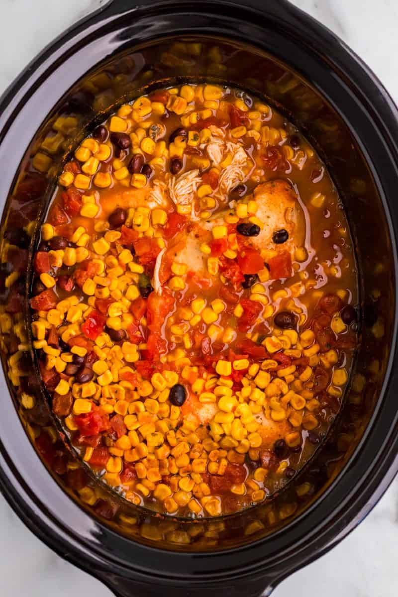 top-down view of the slow cooker chicken taco soup.