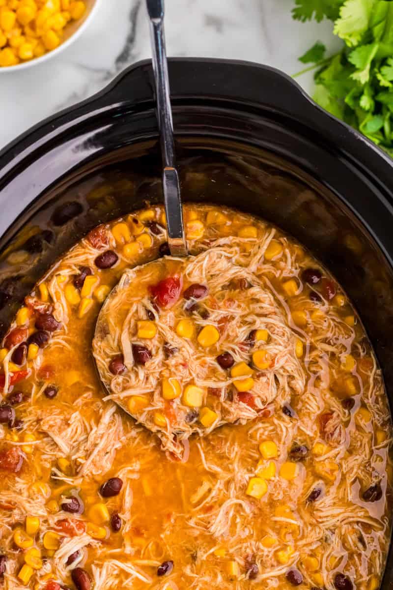 using a ladle to serve to taco soup.